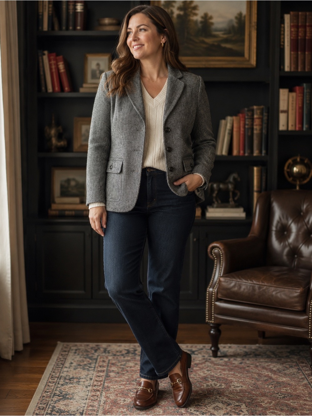 Eddie Bauer Women's Blazer  10 Gray Herringbone Tweed Wool Blend Three Button